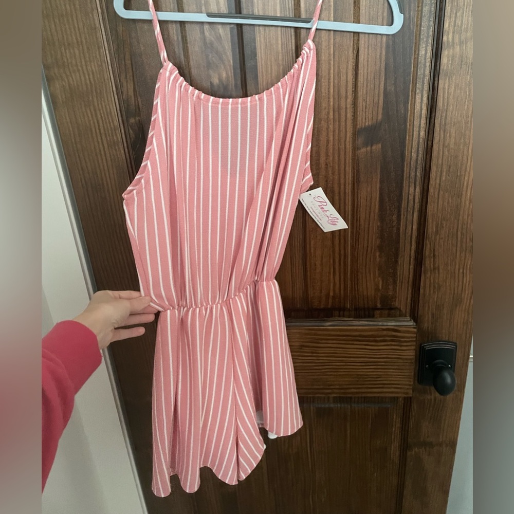 Pink lily romper. Mauve pink and white striped